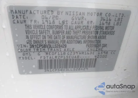 2020 Nissan Kicks S Xtronic Cvt z USA, uszkodzony, nr VIN 3N1CP5BV3LL528429